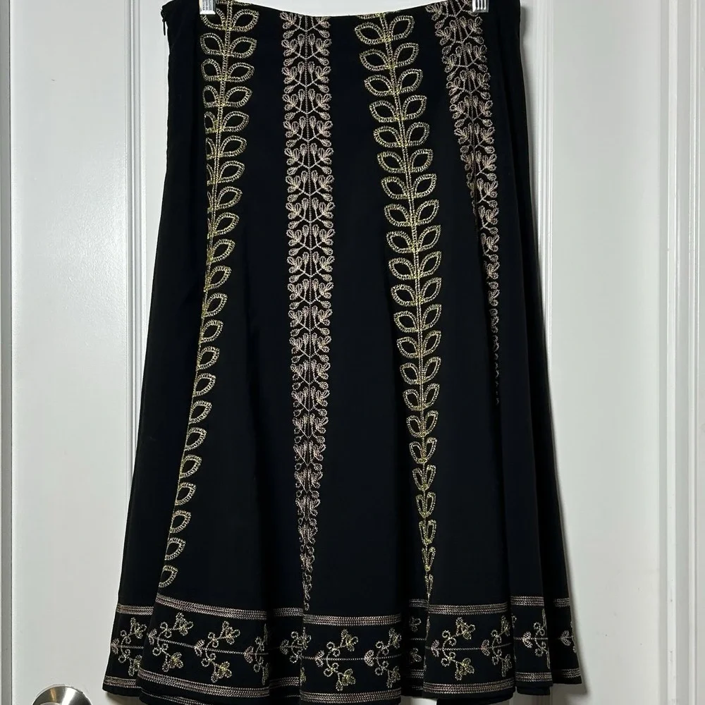 Sunny Leigh Black Gold Embroidered A-Line Midi‎ Skirt Boho Dark Academia Style